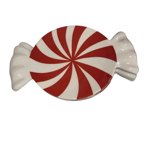 4pc Christmas Peppermint Candy Melamine Appetizer Plates 8.5x6 Red & White New - Picture 6 of 13